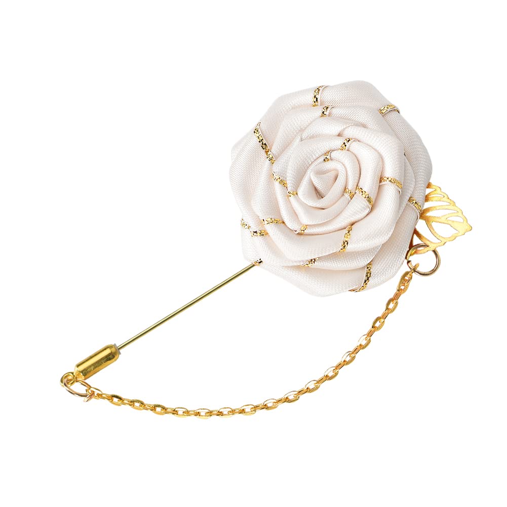 Men Cloth Rose Flower with Gold Leaf Brooch Lapel Pin for Men Suits Rose Flower Brooch Pin Bridegroom Wedding Brooches White Flower Pin for Men Suit Tassel Chain Brooch Rose Pins and Brooches