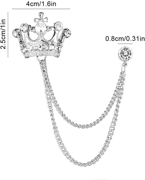 2PCS Men's Crown Hanging Chain Brooch with Stone Detailing, Engraving, Metal Crystal, Suit Stud Lapel Pin, Vintage Rhinestone Breastpin Wedding Brooch Pin, Gold and Silver