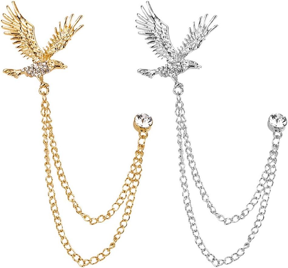 2 Packs Men's Eagle Brooch Lapel Pin Badge Hanging Chains Collar Brooches Pin for Career Suit Tuxedo of Shirts Tie Hat Scarf for Boyfriend Father Birthday Gold/Silver