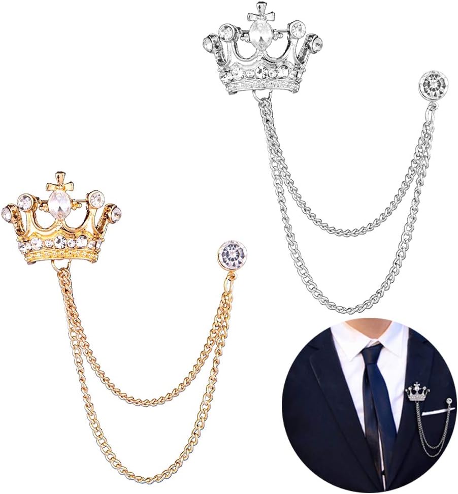 2PCS Men's Crown Hanging Chain Brooch with Stone Detailing, Engraving, Metal Crystal, Suit Stud Lapel Pin, Vintage Rhinestone Breastpin Wedding Brooch Pin, Gold and Silver
