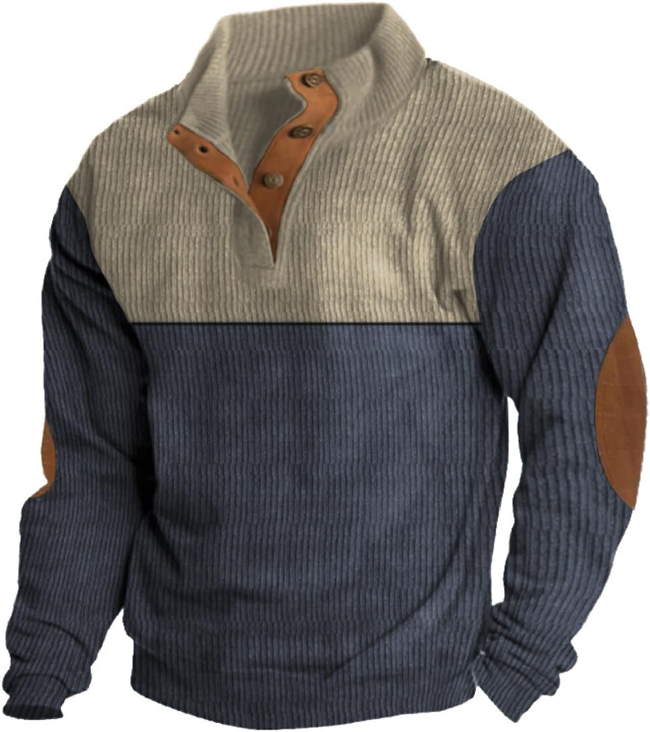 Mens Corduroy Sweater with Elbow Patches Long Sleeve Button Turtleneck Polo Shirts Vintage Waffle Sweatshirts