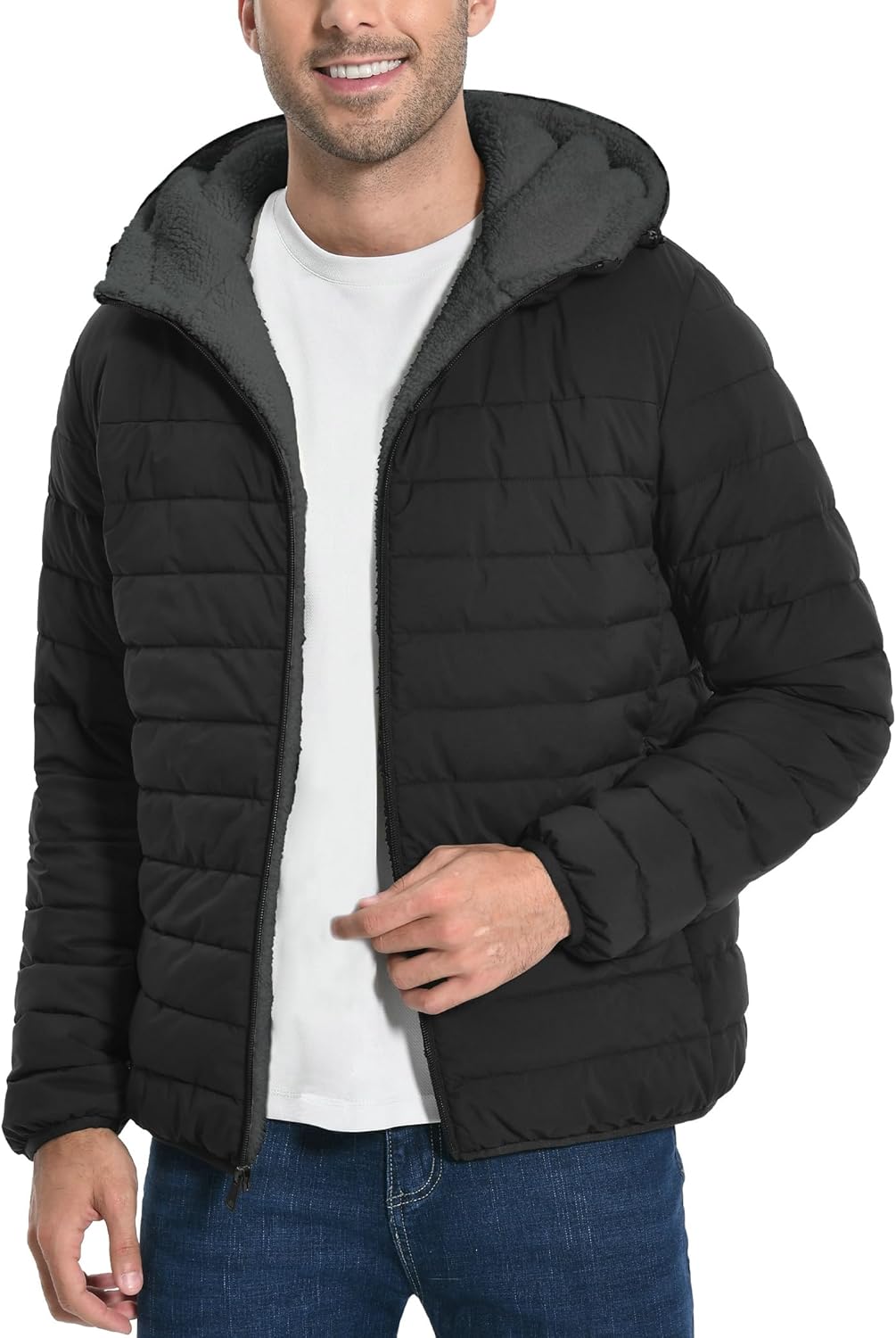 Men's Winter Puffer Jacket Sherpa Lined Hooded Water Resistant Midweight Warm Insulated Quilted Down Coat Parka