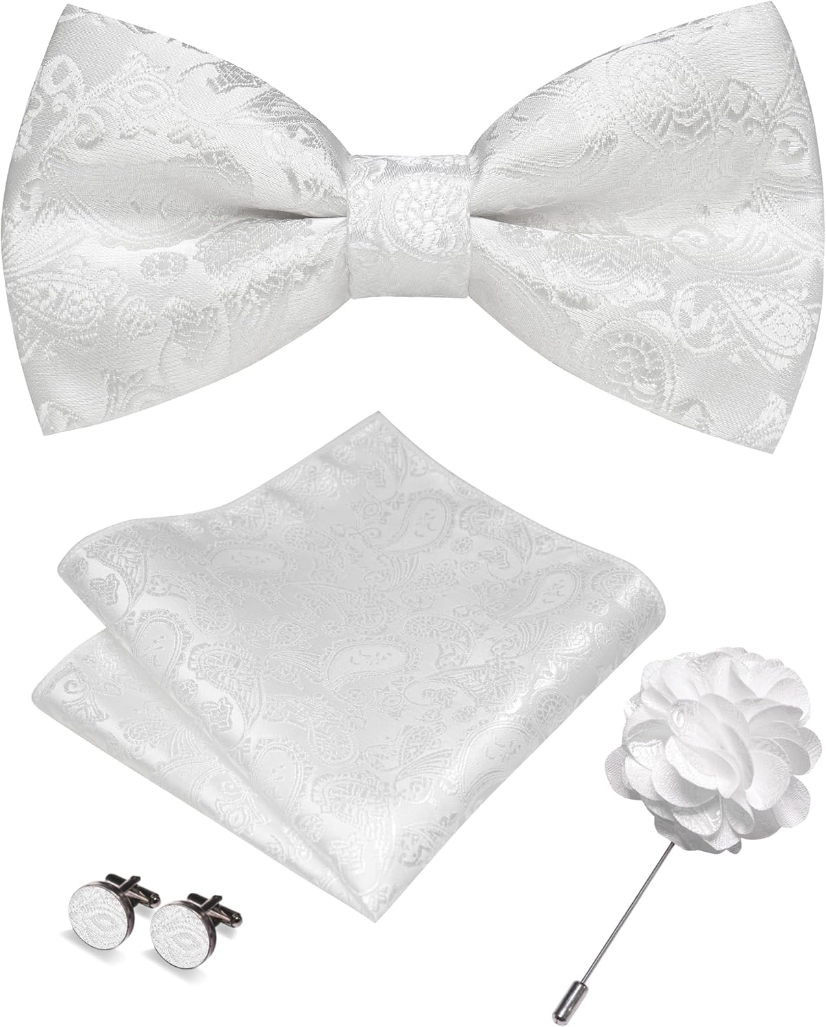 Paisley Pre-tied Bow Tie and Pocket Square Cufflinks Lapel Pin Sets for Men 4PCS