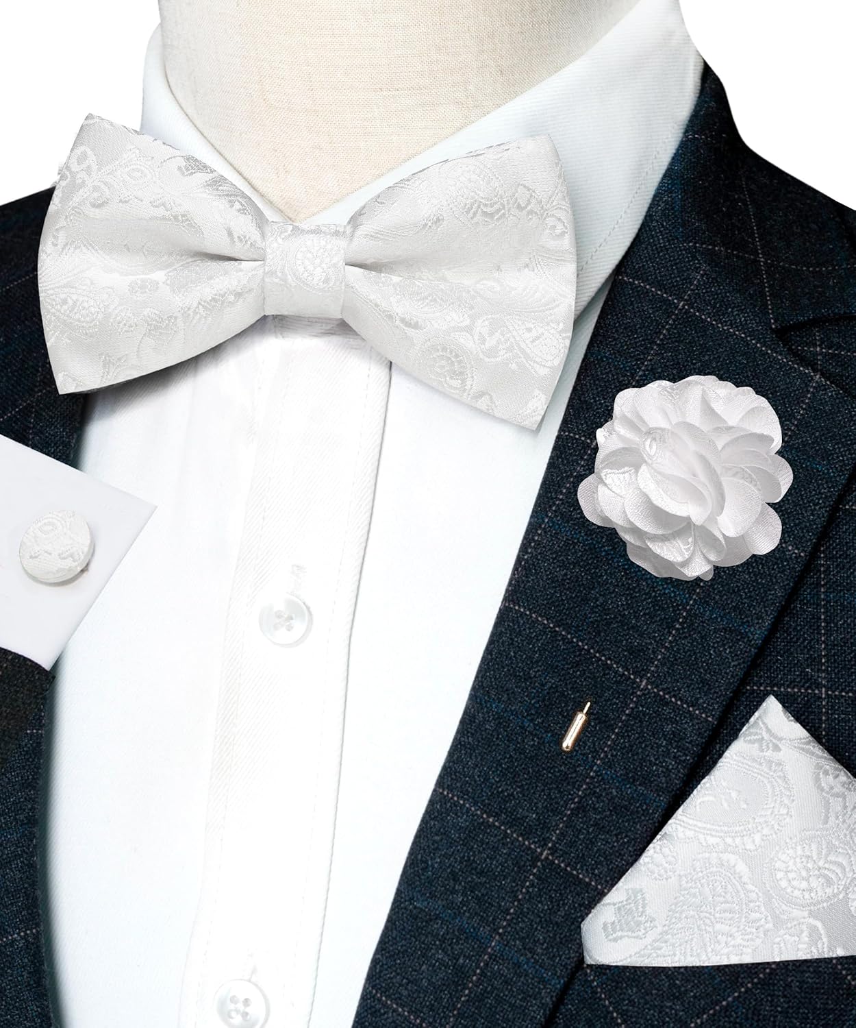 Paisley Pre-tied Bow Tie and Pocket Square Cufflinks Lapel Pin Sets for Men 4PCS