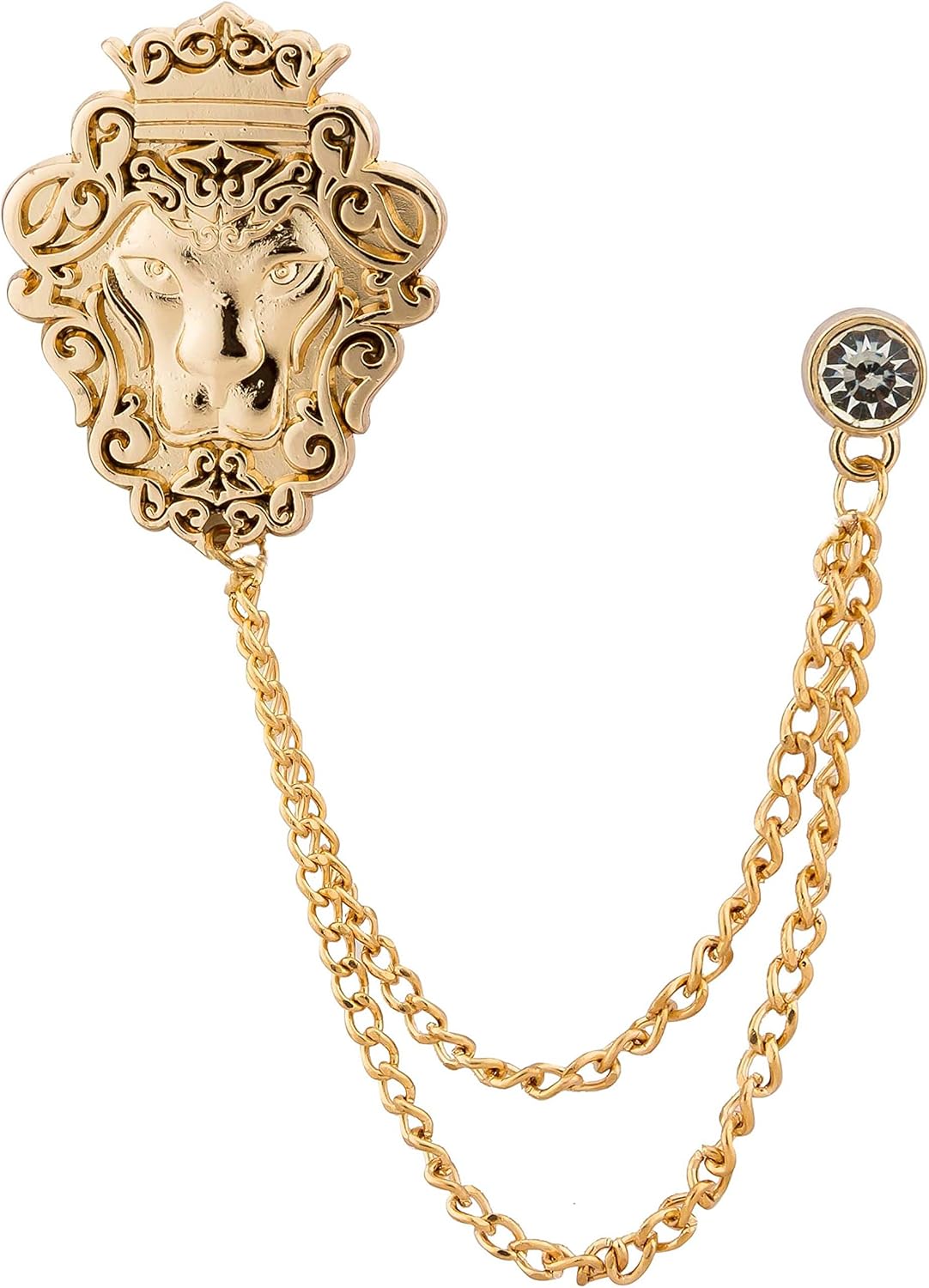 Knighthood Vintage Men Golden Crowned Lion King With Stone Hanging Chain Brooch Pins Lapel Pin, Suit Coat for Women Accessories