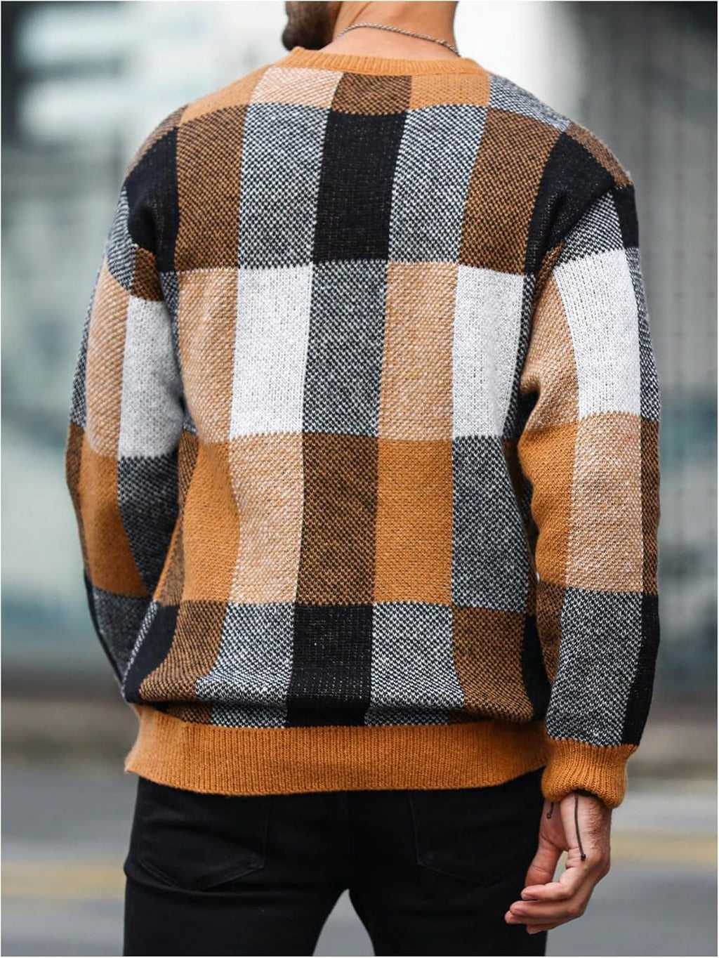 Men's Color Block Plaid Print Long Sleeve Crew Neck Sweater Pullover Tops
