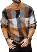 Men's Color Block Plaid Print Long Sleeve Crew Neck Sweater Pullover Tops