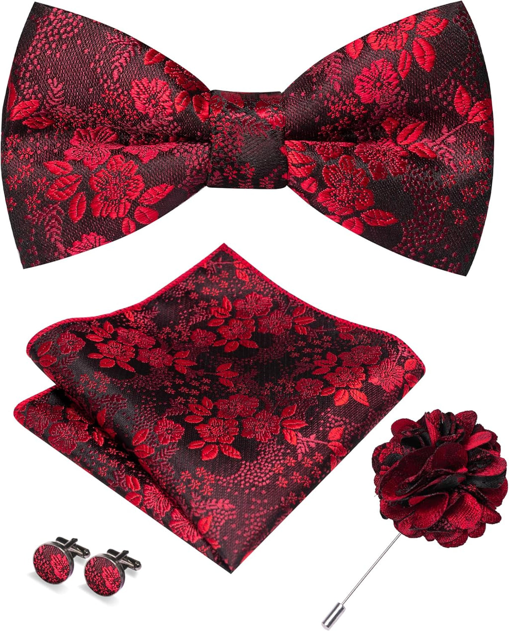Floral Pre-tied Bow Tie and Pocket Square Cufflinks Lapel Pin Sets for Men 4PCS