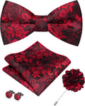 Floral Pre-tied Bow Tie and Pocket Square Cufflinks Lapel Pin Sets for Men 4PCS