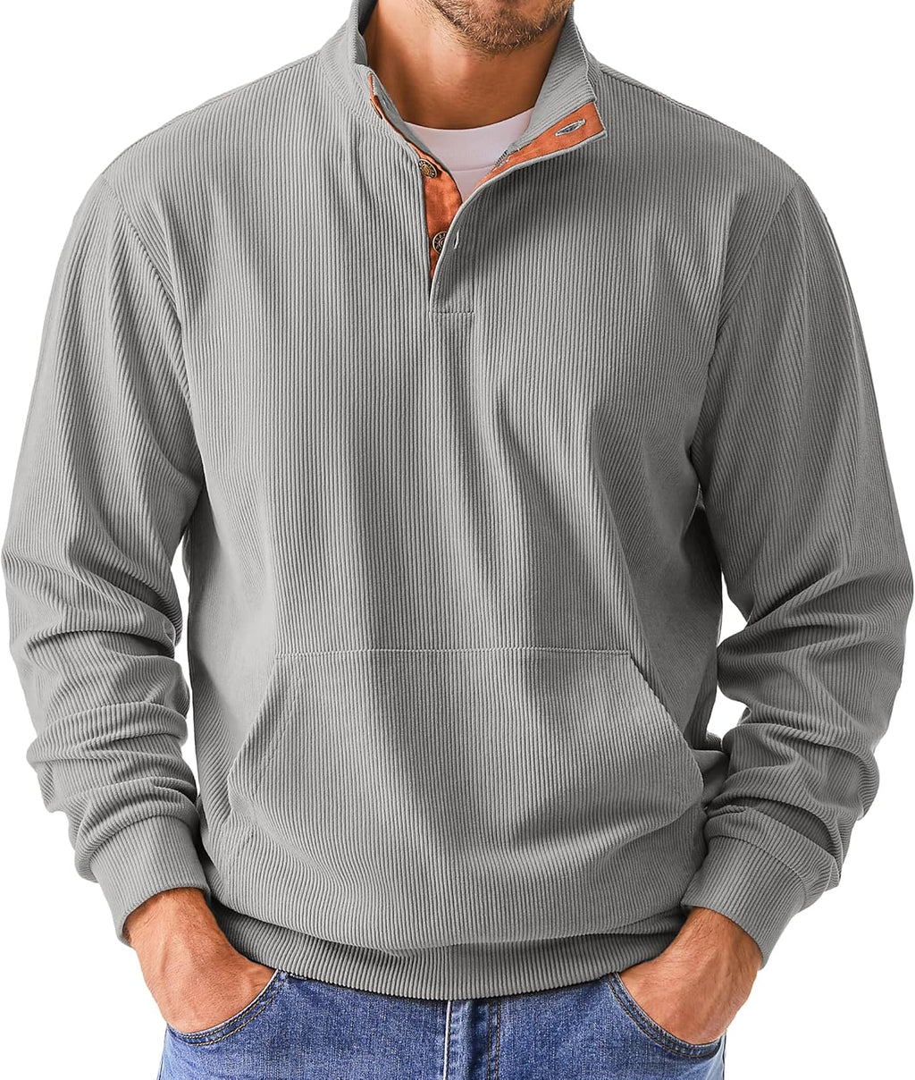 Mens Warm Corduroy Sweatshirt Casual Stand Collar Quarter Fall Metal Button Pullover Sweaters Long Sleeve with Pockets