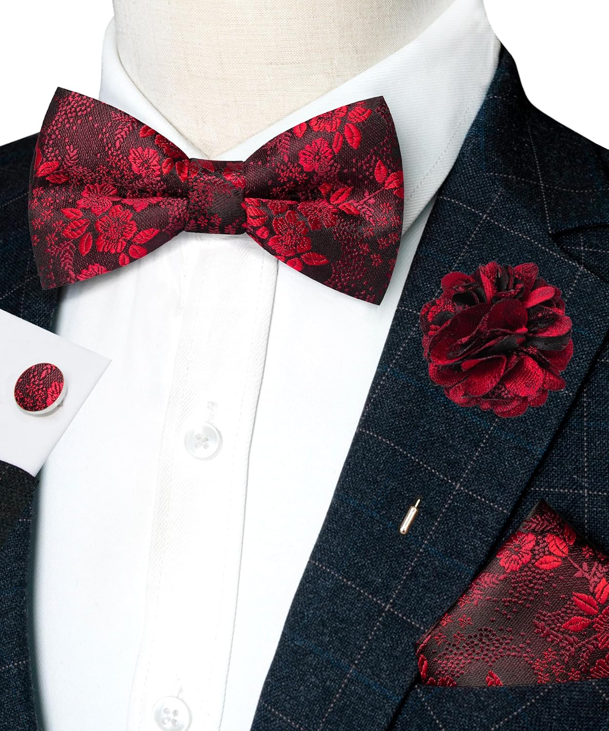 Floral Pre-tied Bow Tie and Pocket Square Cufflinks Lapel Pin Sets for Men 4PCS