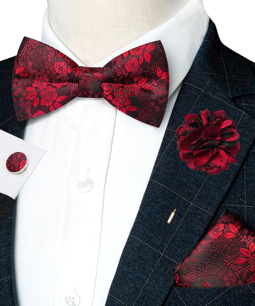 Floral Pre-tied Bow Tie and Pocket Square Cufflinks Lapel Pin Sets for Men 4PCS
